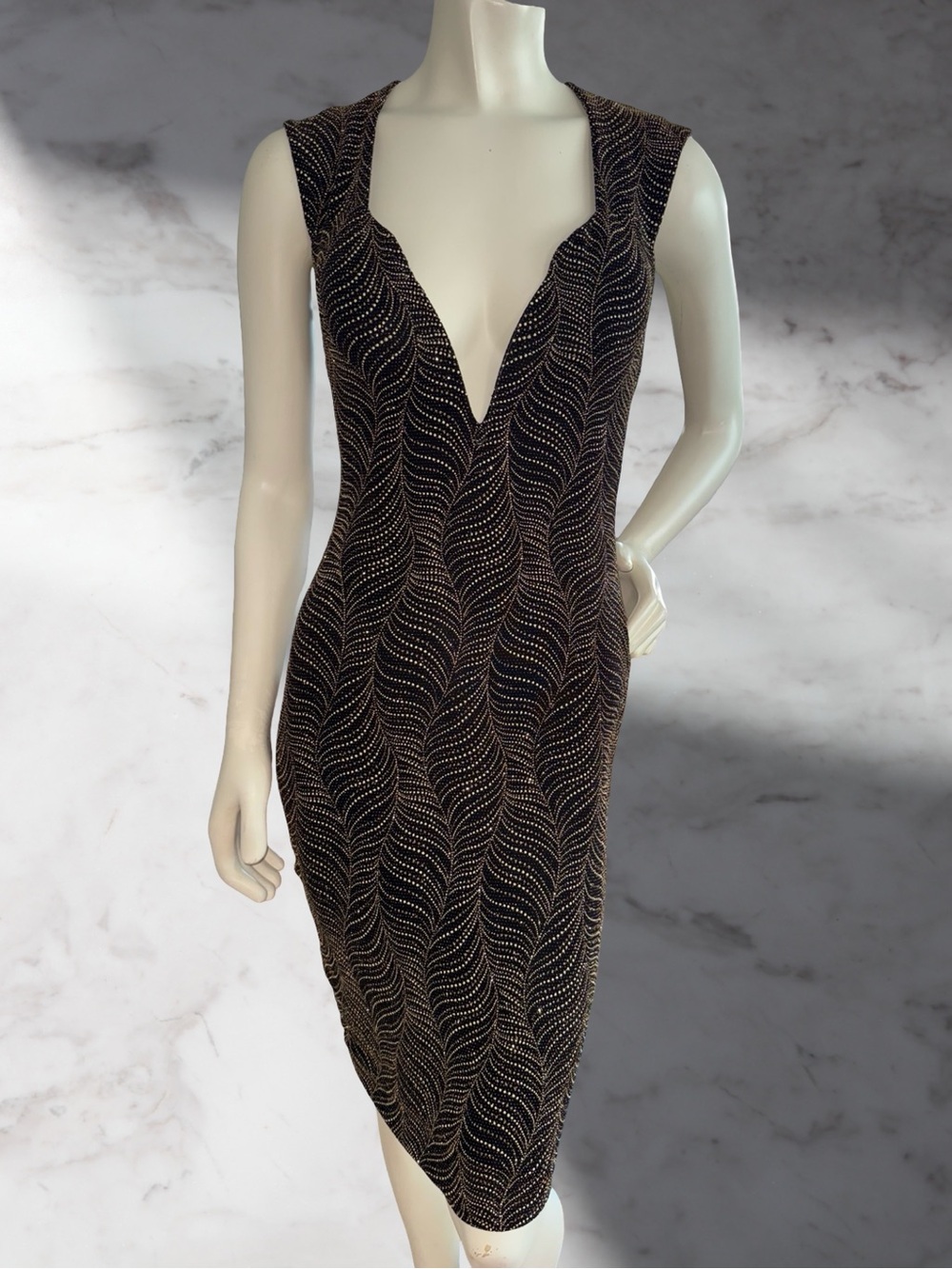 Vintage 90’s Monaco Gold Metallic/Black Bodycon Dress Plunging V-Neck